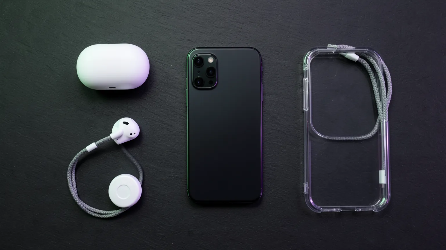 Teléfono moderno rodeado de accesorios: auriculares, cargador, cable, localizador y funda sobre un escritorio oscuro