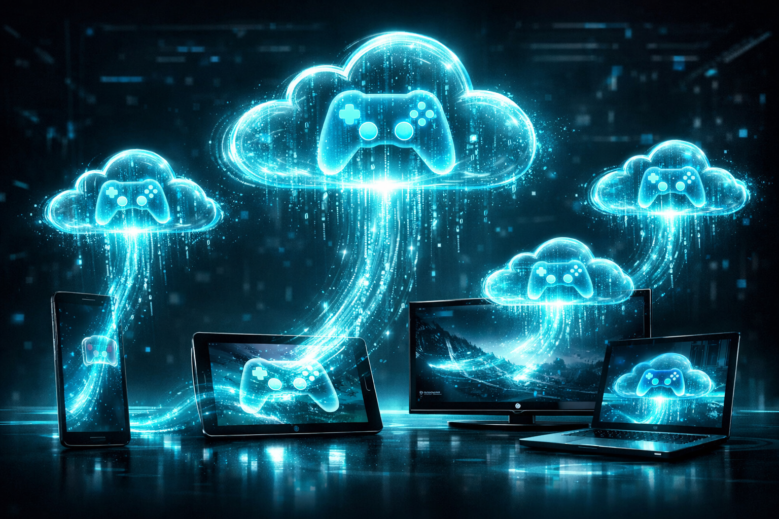 Concepto visual de cloud gaming con servidores AWS y dispositivos conectados