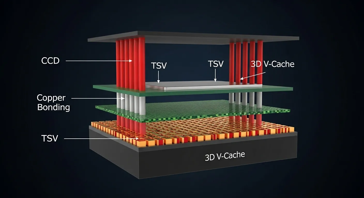 Diagrama de la tecnología 3D V-Cache de segunda generación de AMD con caché debajo del CCD