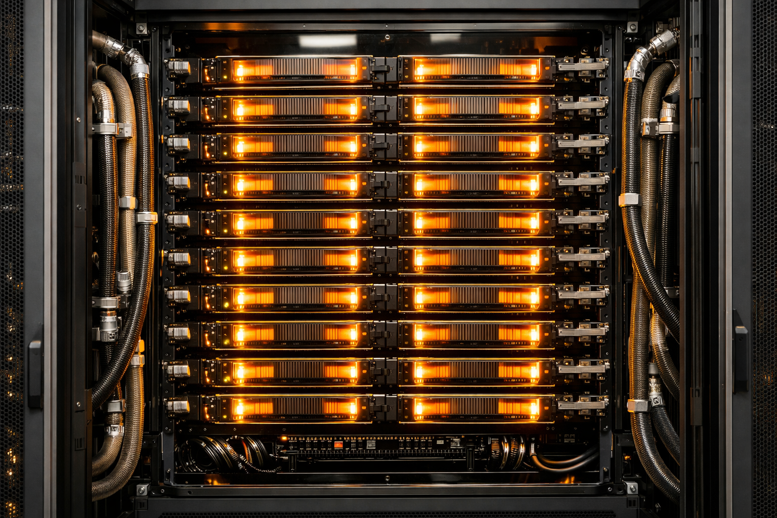 Rack AMD Helios abierto mostrando 18 bandejas de cómputo con 72 GPUs MI455X refrigeradas por líquido y CPUs EPYC Venice
