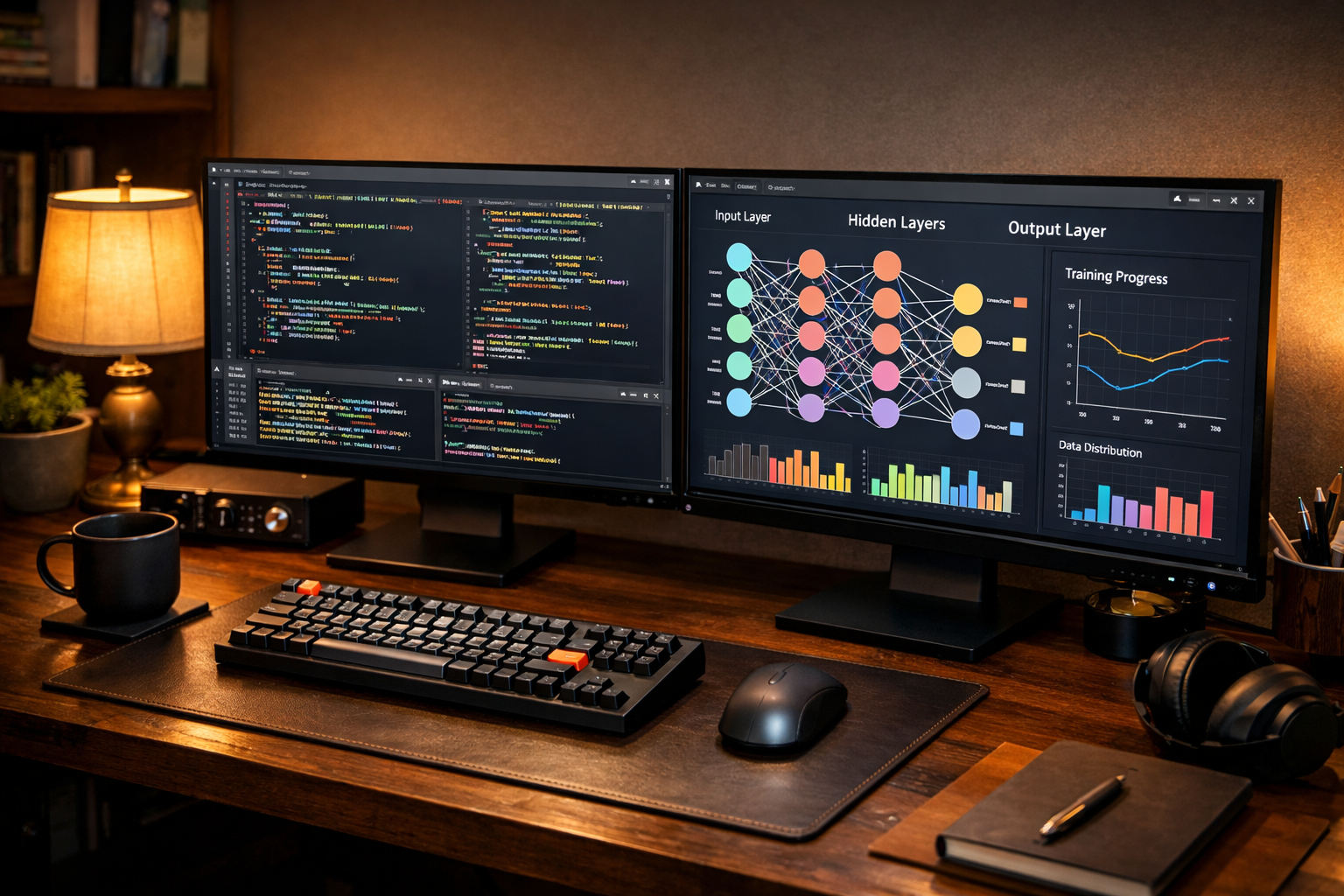 Workstation de escritorio abierta con GPU Radeon RX 9070 XT, CPU Ryzen 9 9950X3D, RAM DDR5 RGB y refrigeración líquida