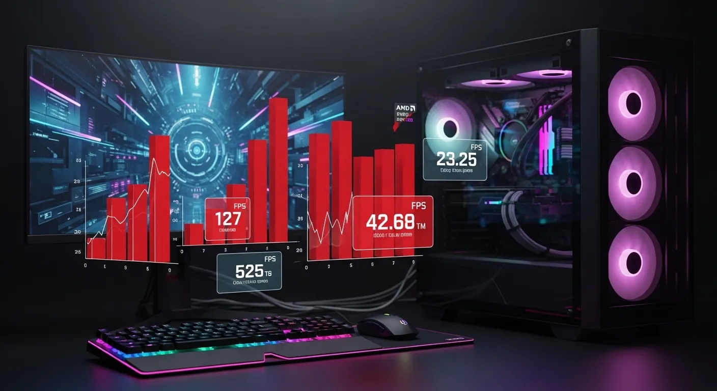 Gráfico comparativo de benchmarks gaming entre AMD Ryzen 9950X3D, 9850X3D y 9800X3D en 2026