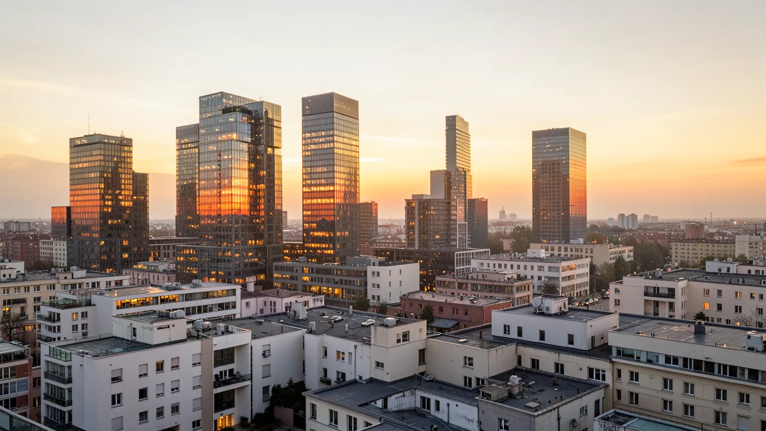Vista del horizonte de Madrid al atardecer con edificios de oficinas acristalados y luces encendidas