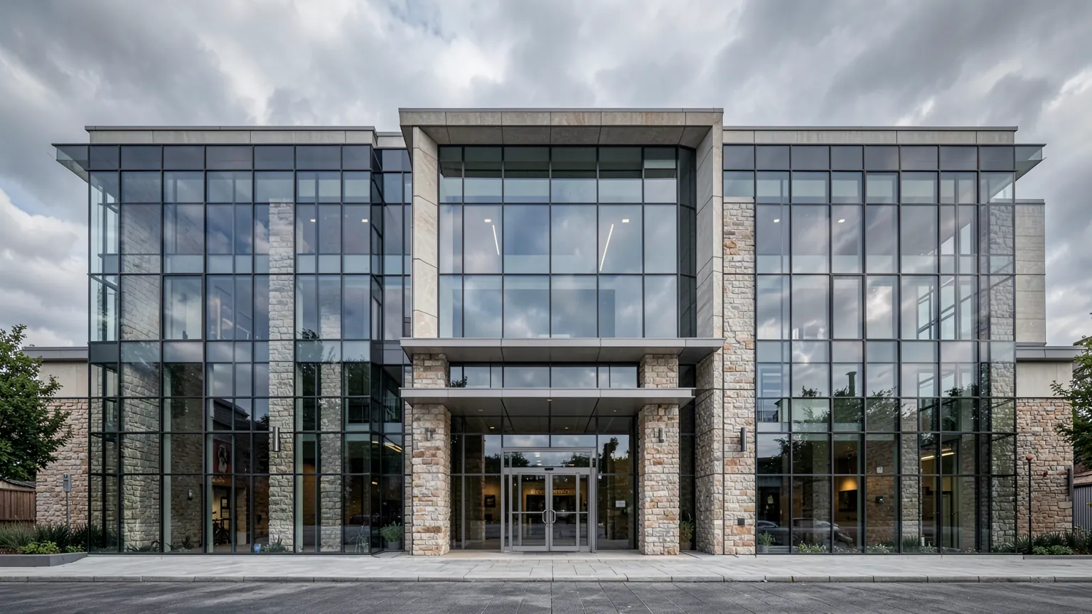 Fachada de un edificio institucional moderno de cristal y piedra bajo un cielo nublado