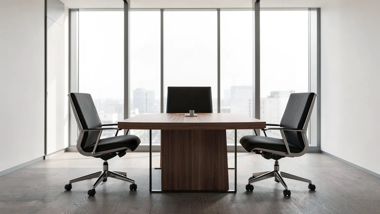 Mesa de negociación en una sala moderna con tres sillas enfrentadas y luz natural lateral