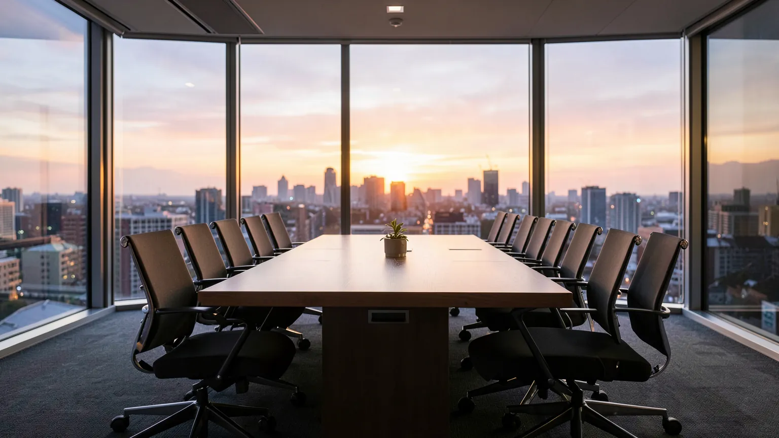 Sala de reuniones corporativa con mesa larga y sillas vacias frente a grandes ventanales al atardecer