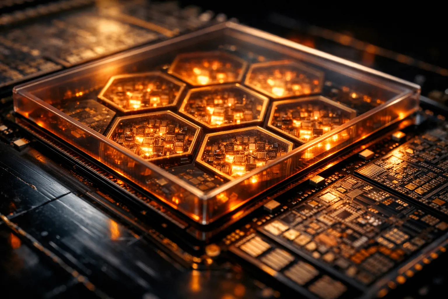 Diagrama esquemático de un die de chip acelerador de inteligencia artificial con bloques etiquetados matrix engines, HBM memory, attention units y NoC