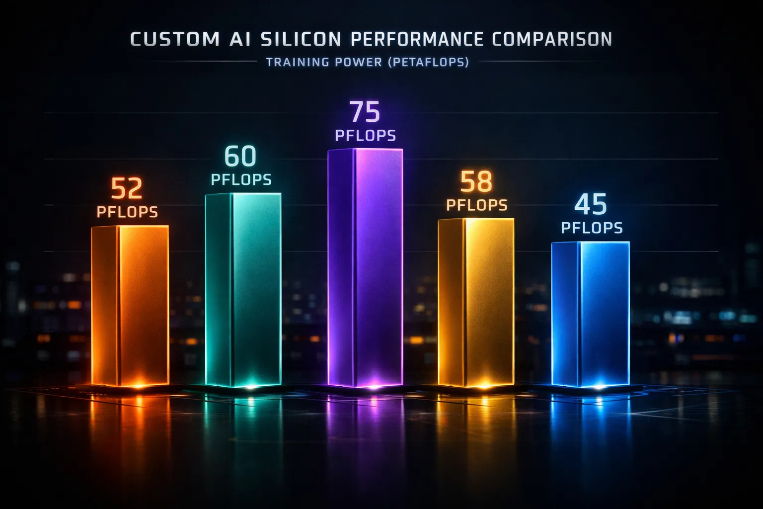 Comparativa visual de chips aceleradores de inteligencia artificial con etiquetas TPU, Trainium, MTIA y Anthropic Silicon dispuestos en paralelo