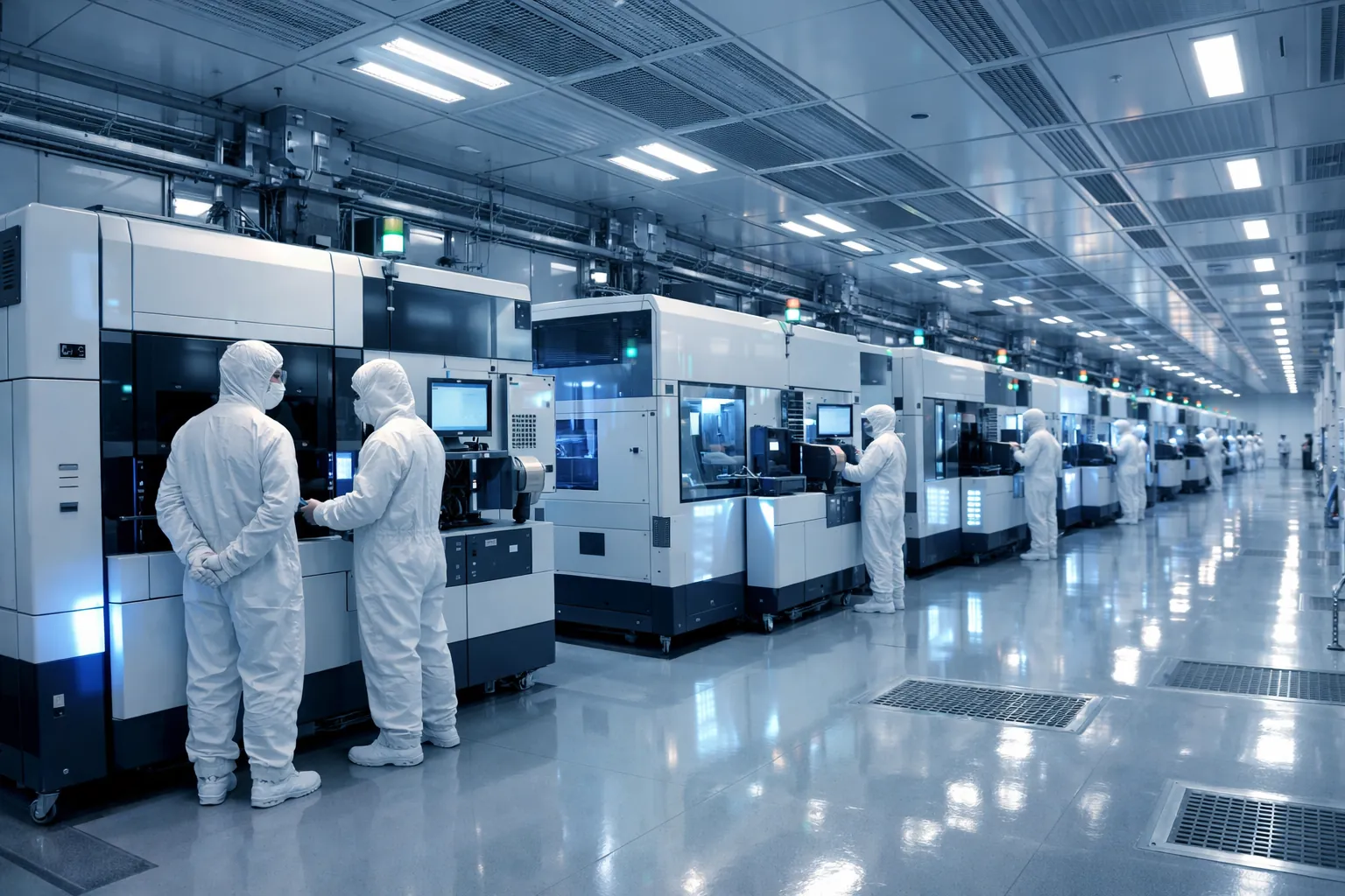 Interior de una sala limpia de una foundry de semiconductores con obleas de silicio en primer plano y personal con trajes blancos al fondo