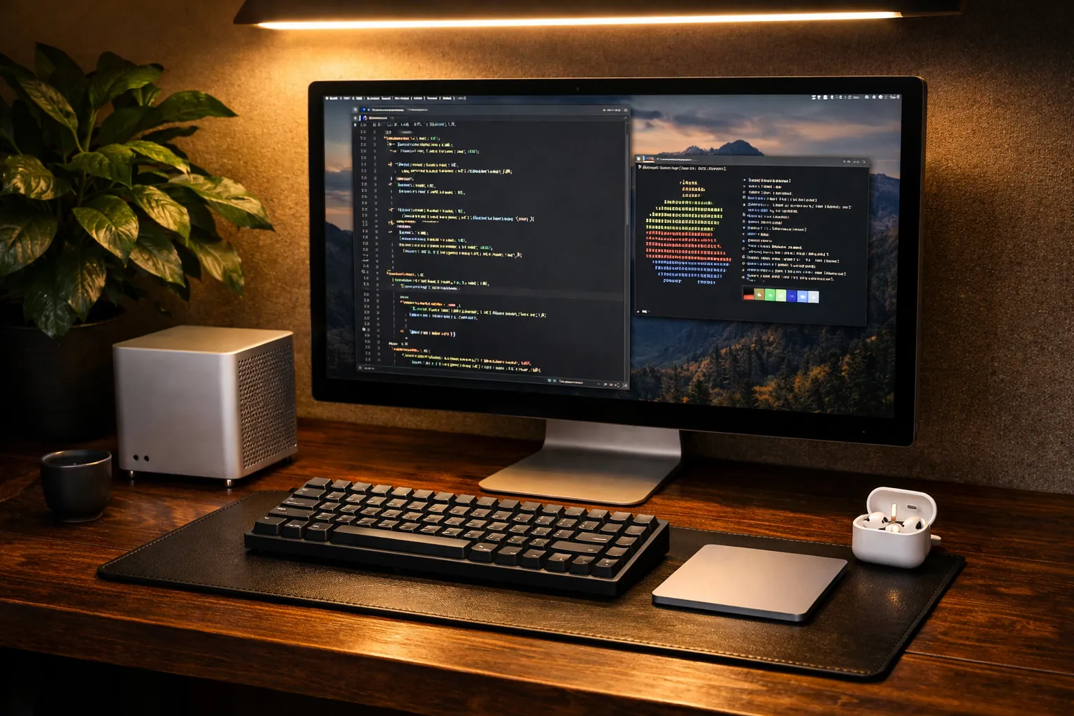 Setup de desarrollador con Mac Studio M5 Ultra, Studio Display 5K, teclado y trackpad Apple sobre mesa de madera
