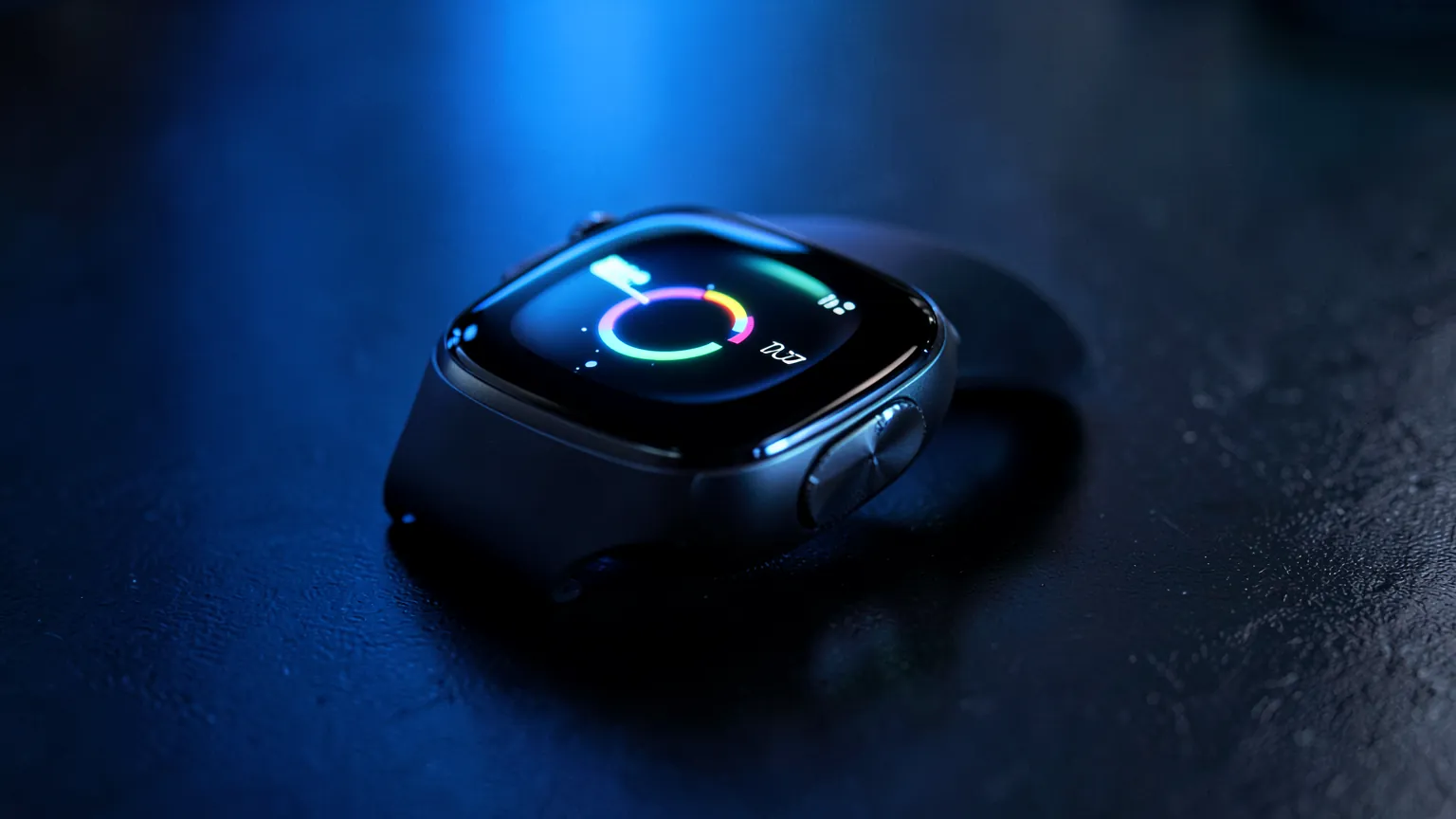 Reloj inteligente con pantalla encendida sobre una mesa oscura con reflejos de luz azul