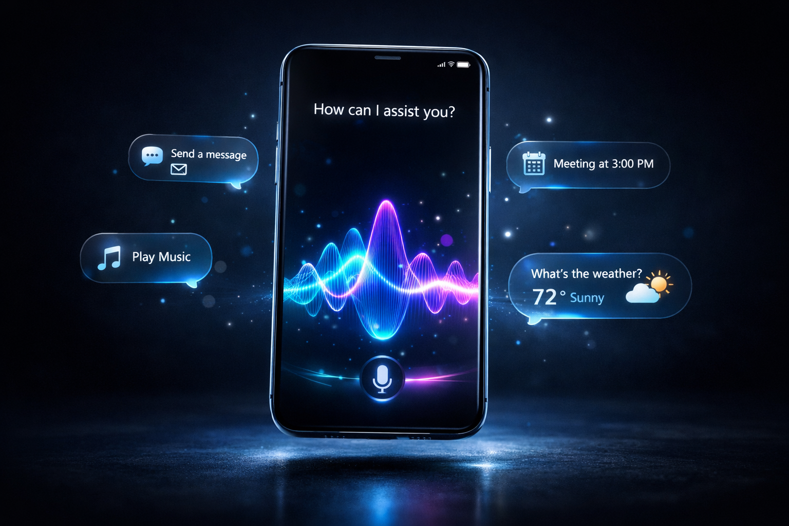 Concepto de un smartphone premium mostrando un asistente de voz por inteligencia artificial que lee el contenido de la pantalla y realiza acciones