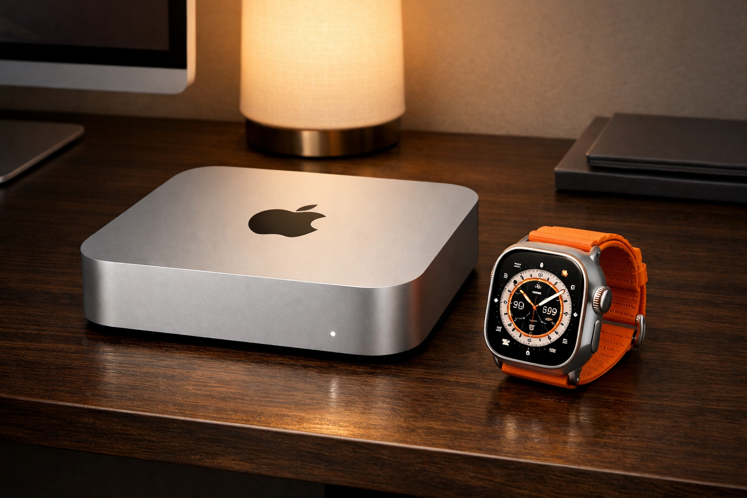 Render del nuevo Mac mini M5 junto al Apple Watch Ultra 3 sobre una mesa minimalista