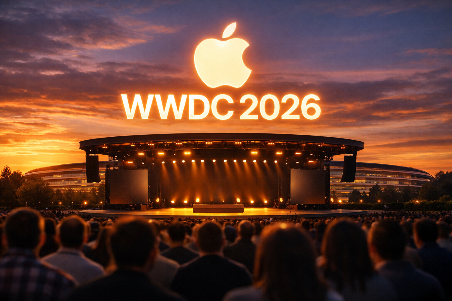 Logo de la Apple WWDC 2026 con fecha del 8 de junio y degradado iridiscente sobre fondo oscuro