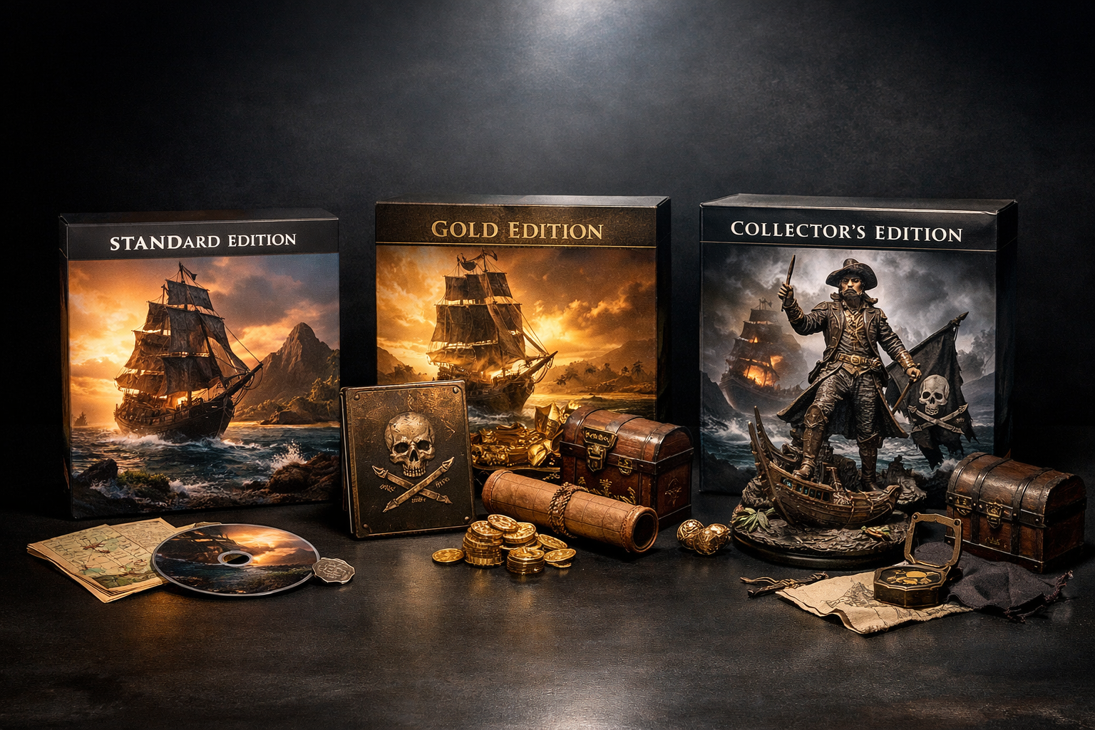 Ediciones Standard, Deluxe y Collector de Assassin's Creed Black Flag Resynced alineadas sobre madera envejecida
