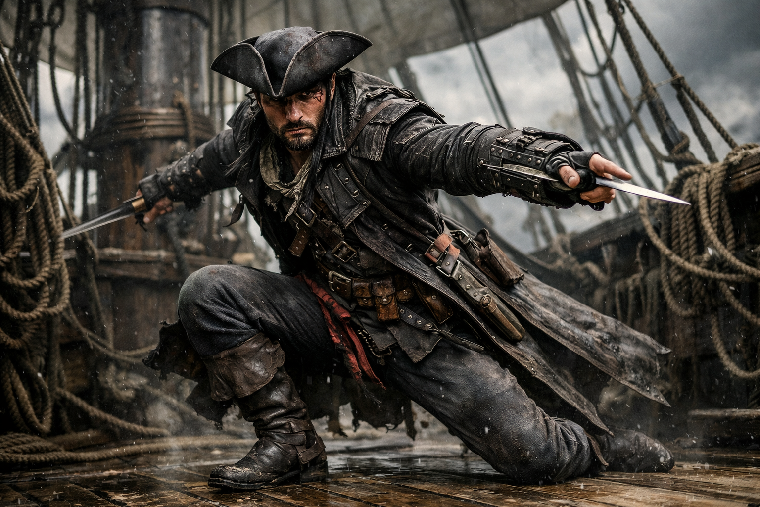 Edward Kenway con su tripulación en la cubierta del Jackdaw al atardecer caribeño