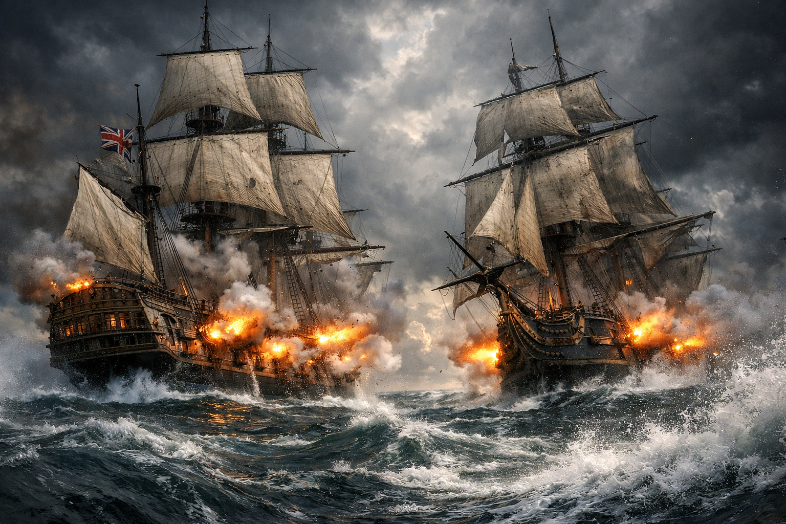 Batalla naval entre el Jackdaw y una fragata española con cañonazos y velas rotas