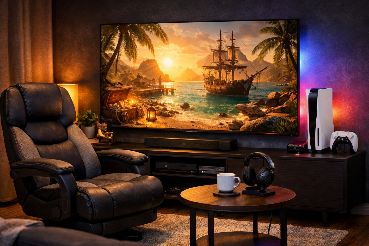Setup gaming con silla ergonómica, auriculares y consola PS5 preparado para partida larga