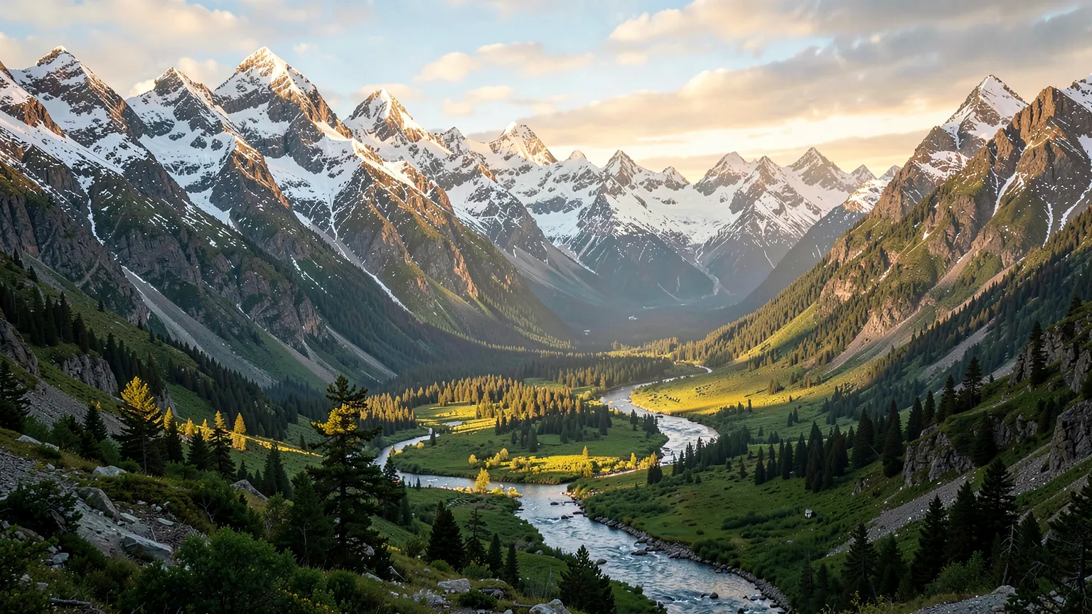Paisaje de fantasia con montanas nevadas y un valle verde bajo luz dorada del atardecer