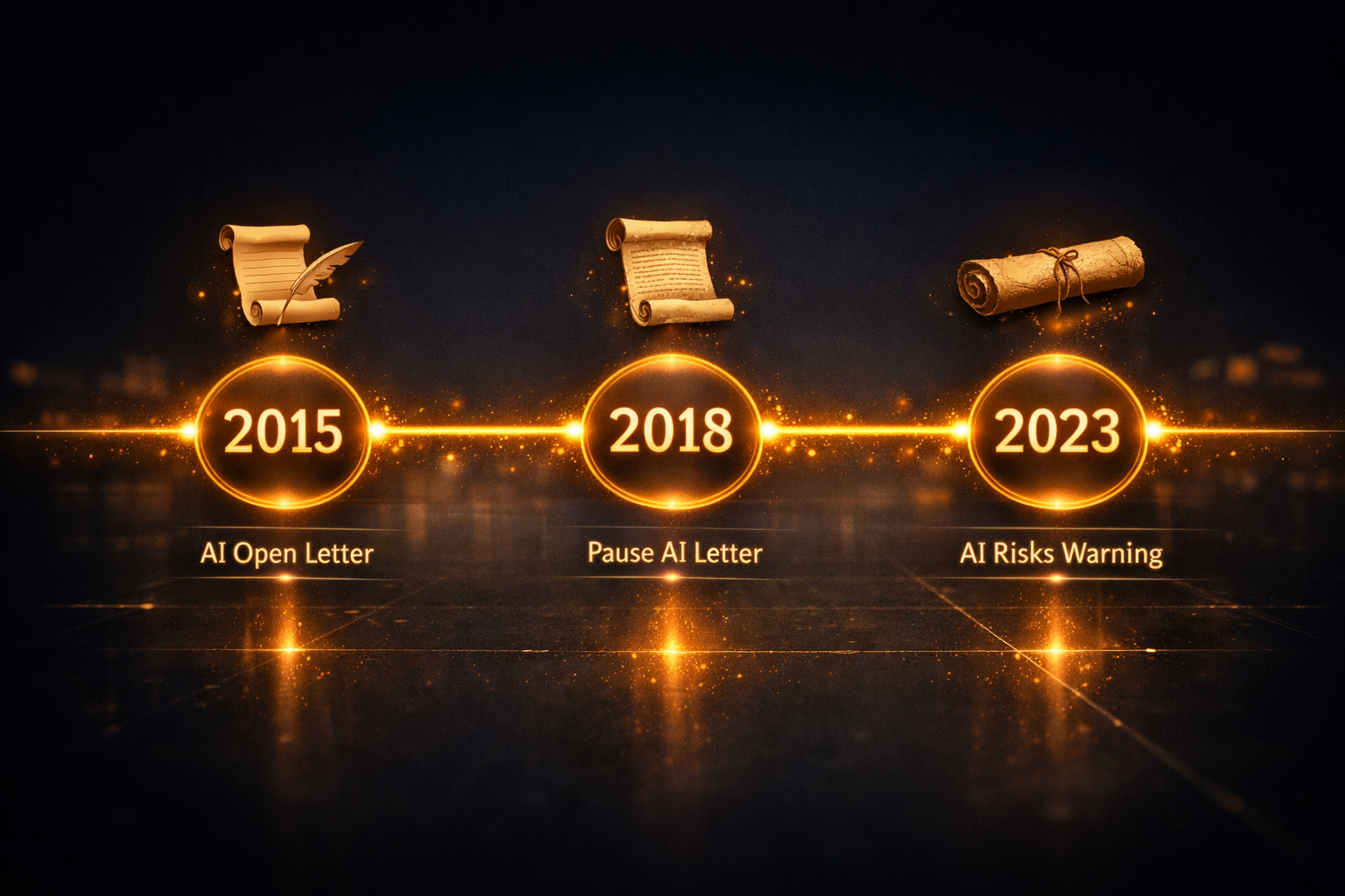 Línea de tiempo con las cartas históricas sobre riesgos de IA: Pause AI 2023, CAIS 2023, prohibición superinteligencia 2026 y Pacing the Frontier 2026
