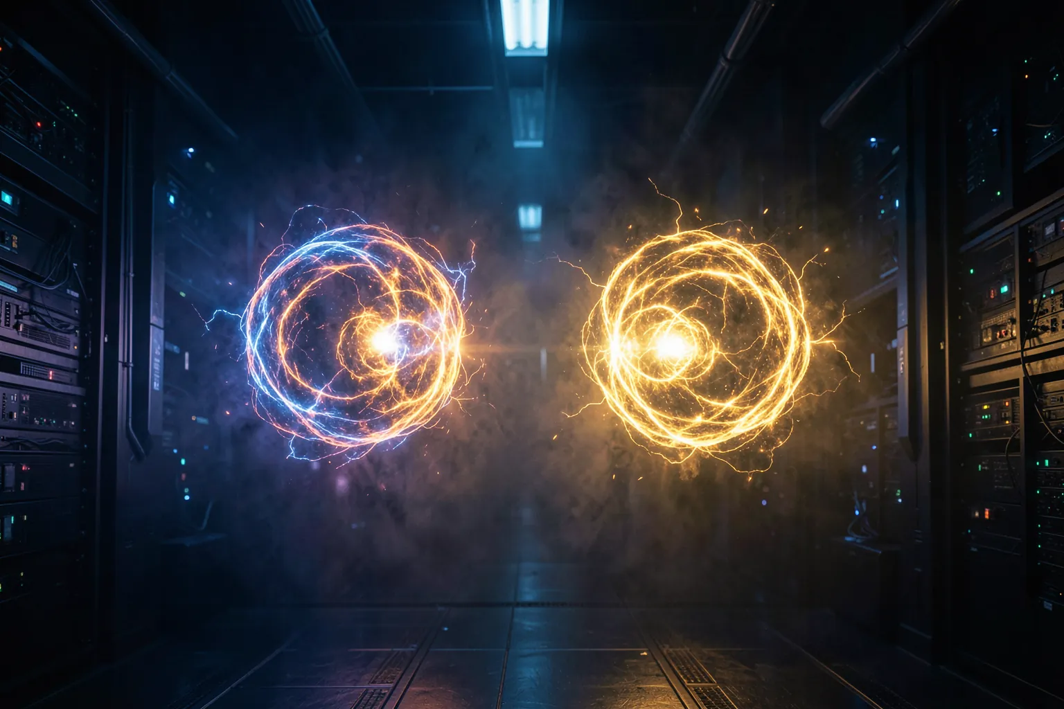 Dos nucleos de inteligencia artificial enfrentados en un centro de datos futurista