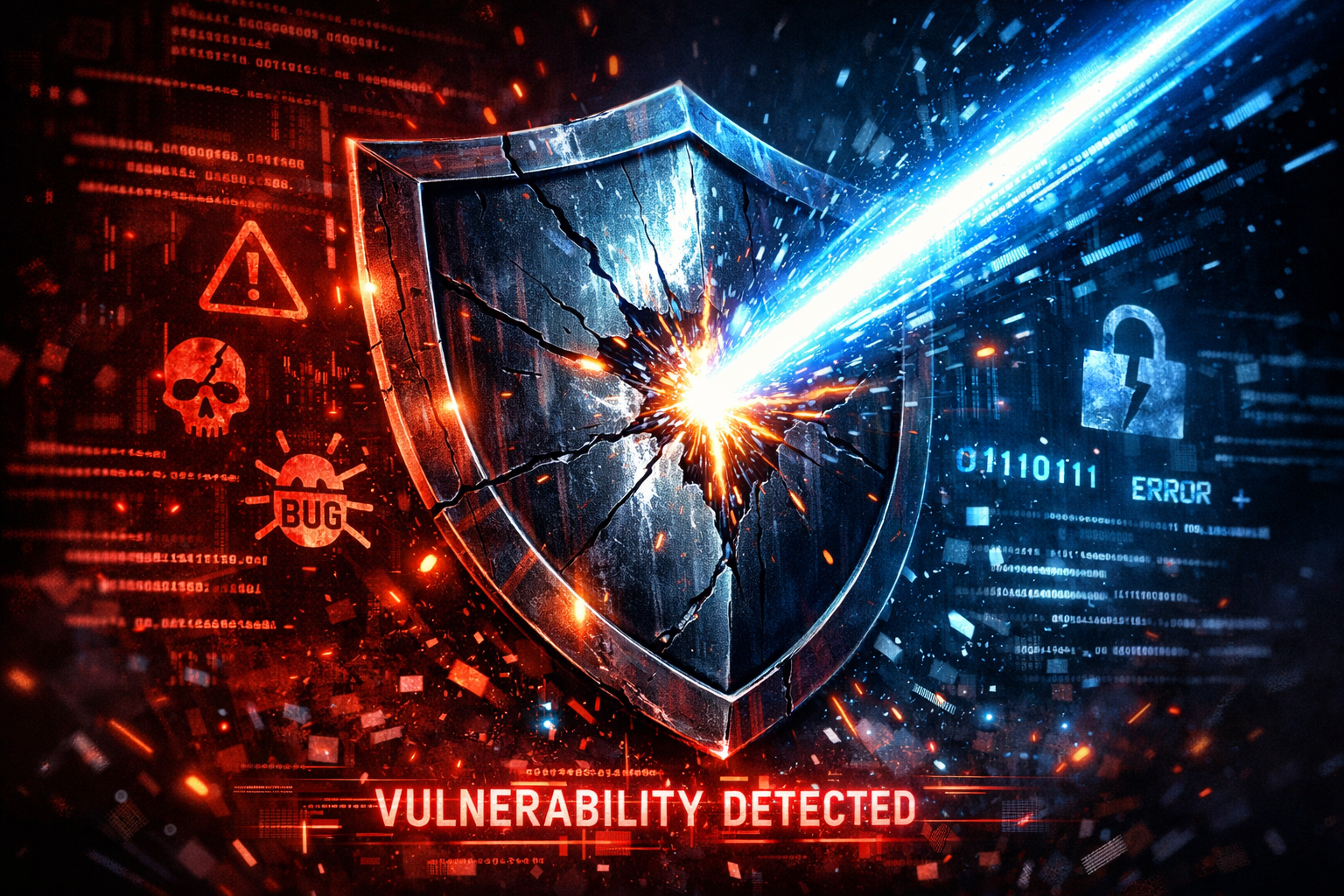 Representación de inteligencia artificial analizando código con vulnerabilidades destacadas en rojo