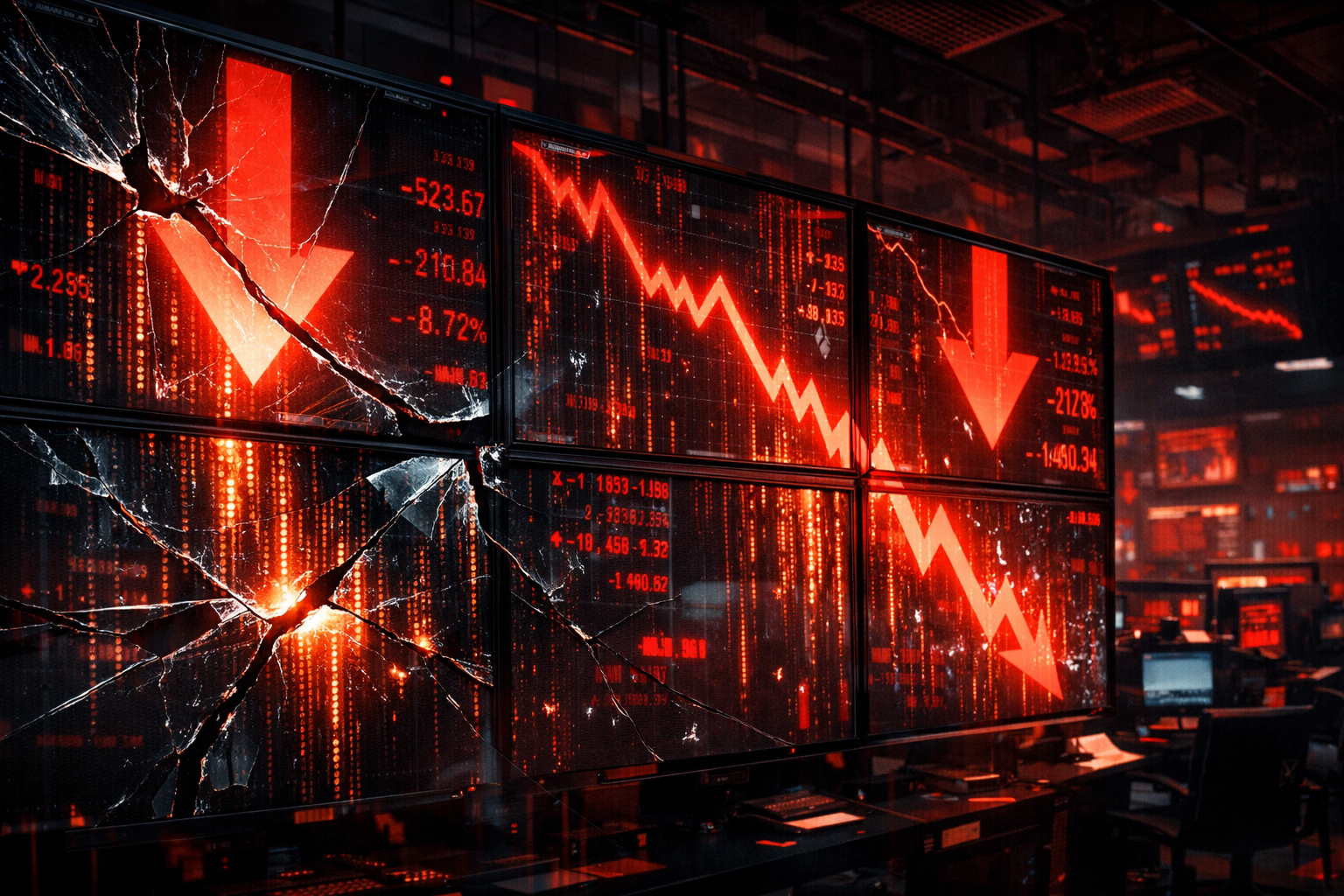 Gráficos bursátiles mostrando caídas en acciones tecnológicas y criptomonedas tras la filtración