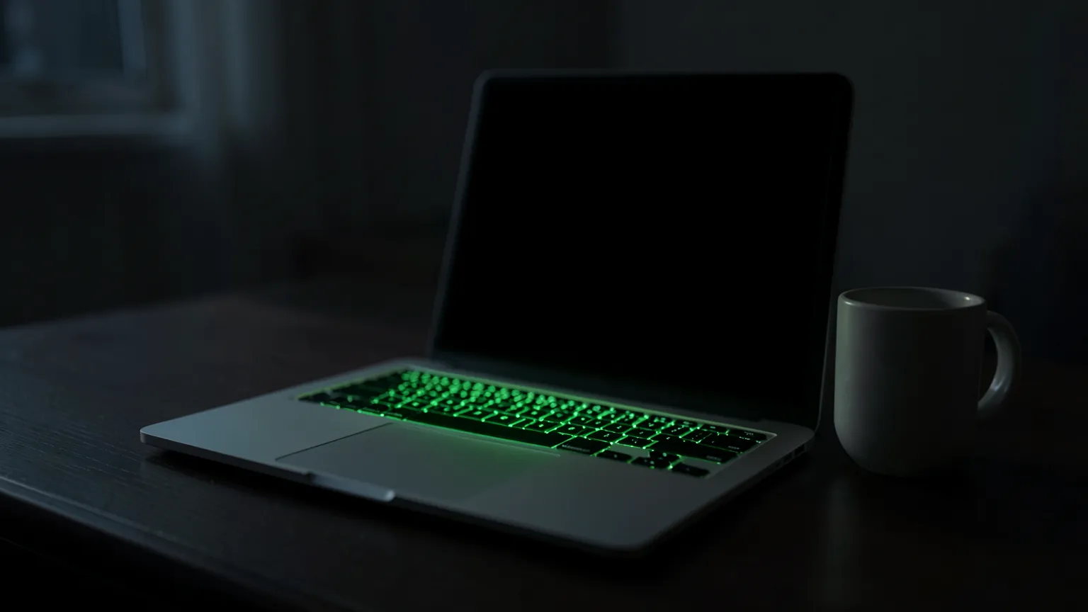Portátil abierto sobre un escritorio oscuro con la pantalla apagada y el teclado iluminado en verde, junto a una taza