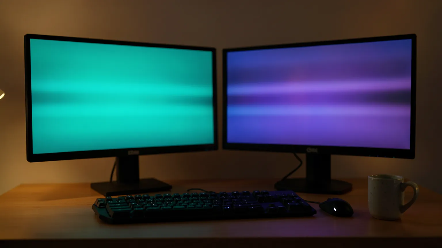 Escritorio con dos monitores encendidos mostrando formas de color desenfocadas, teclado y taza de café