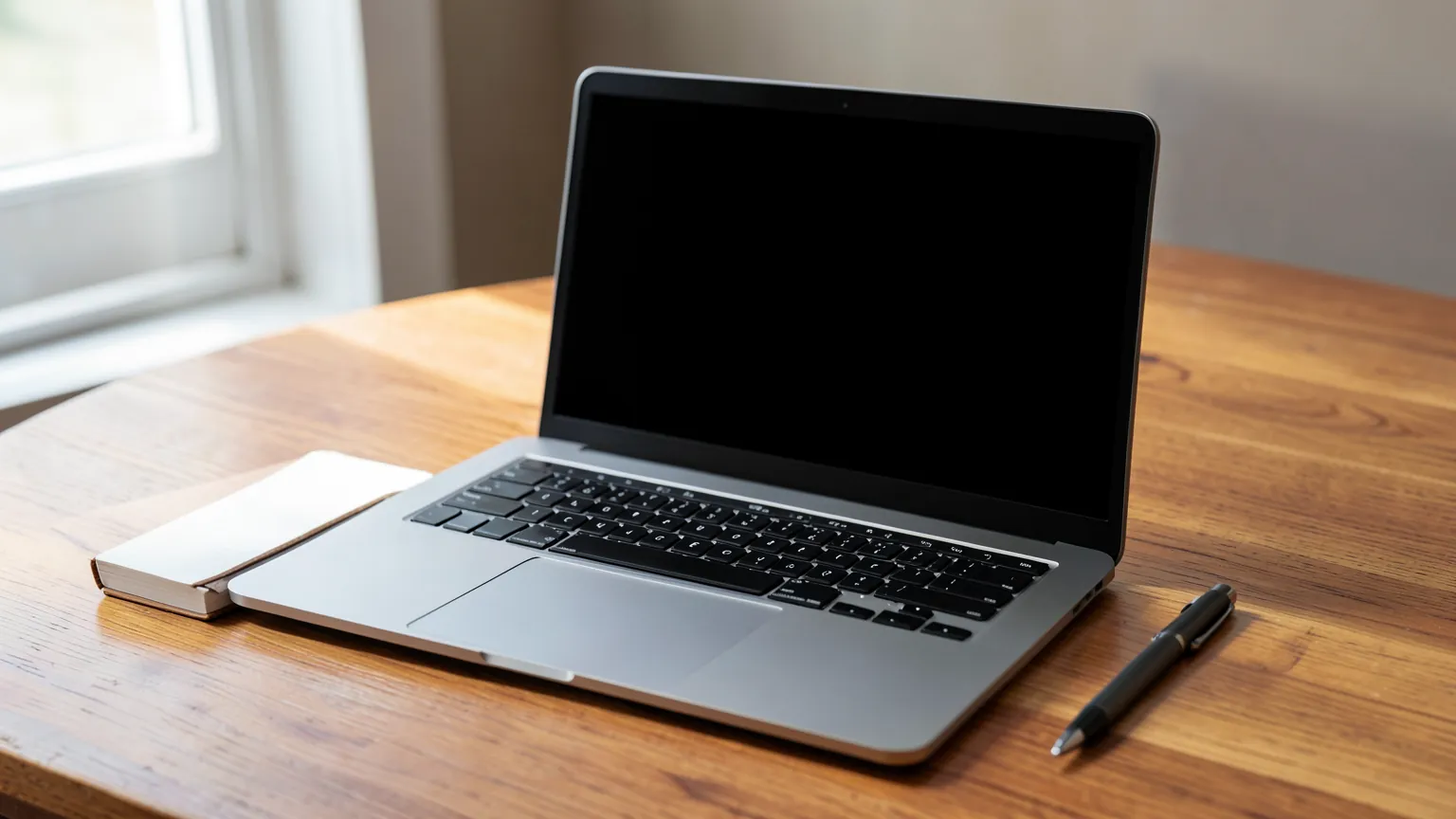 Portátil abierto sobre una mesa de madera con la pantalla en negro y una libreta al lado