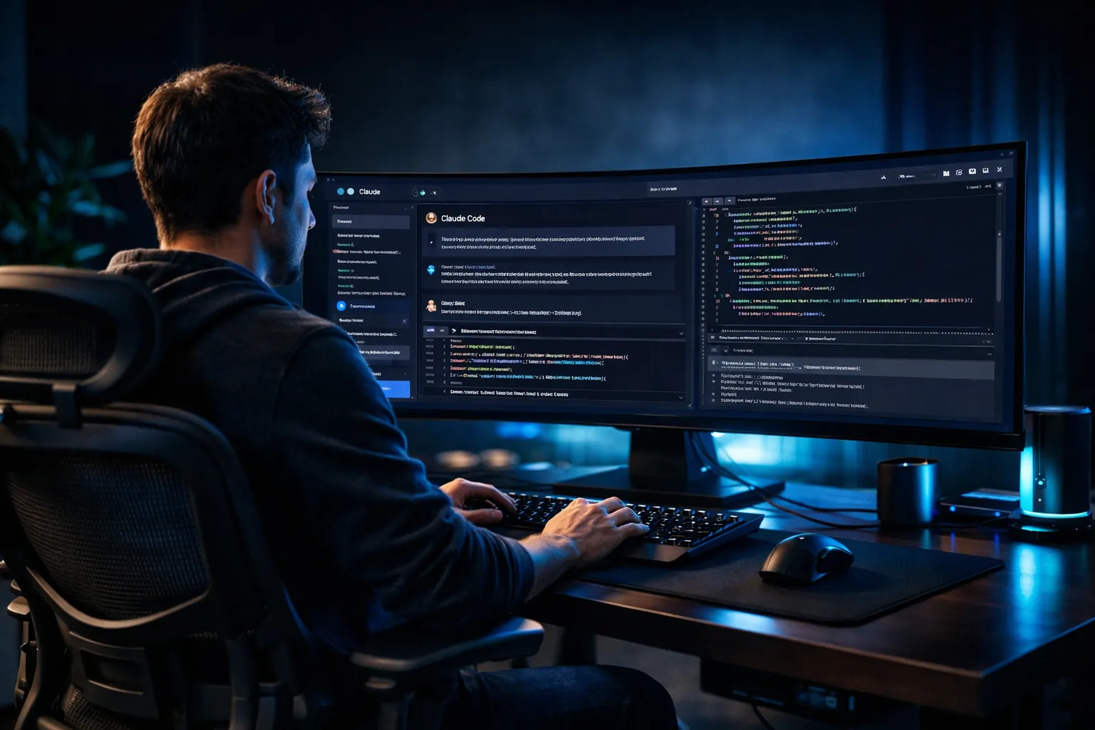 Programador en un escritorio ergonómico usando Claude Code con Opus 5 en pantalla ultrawide