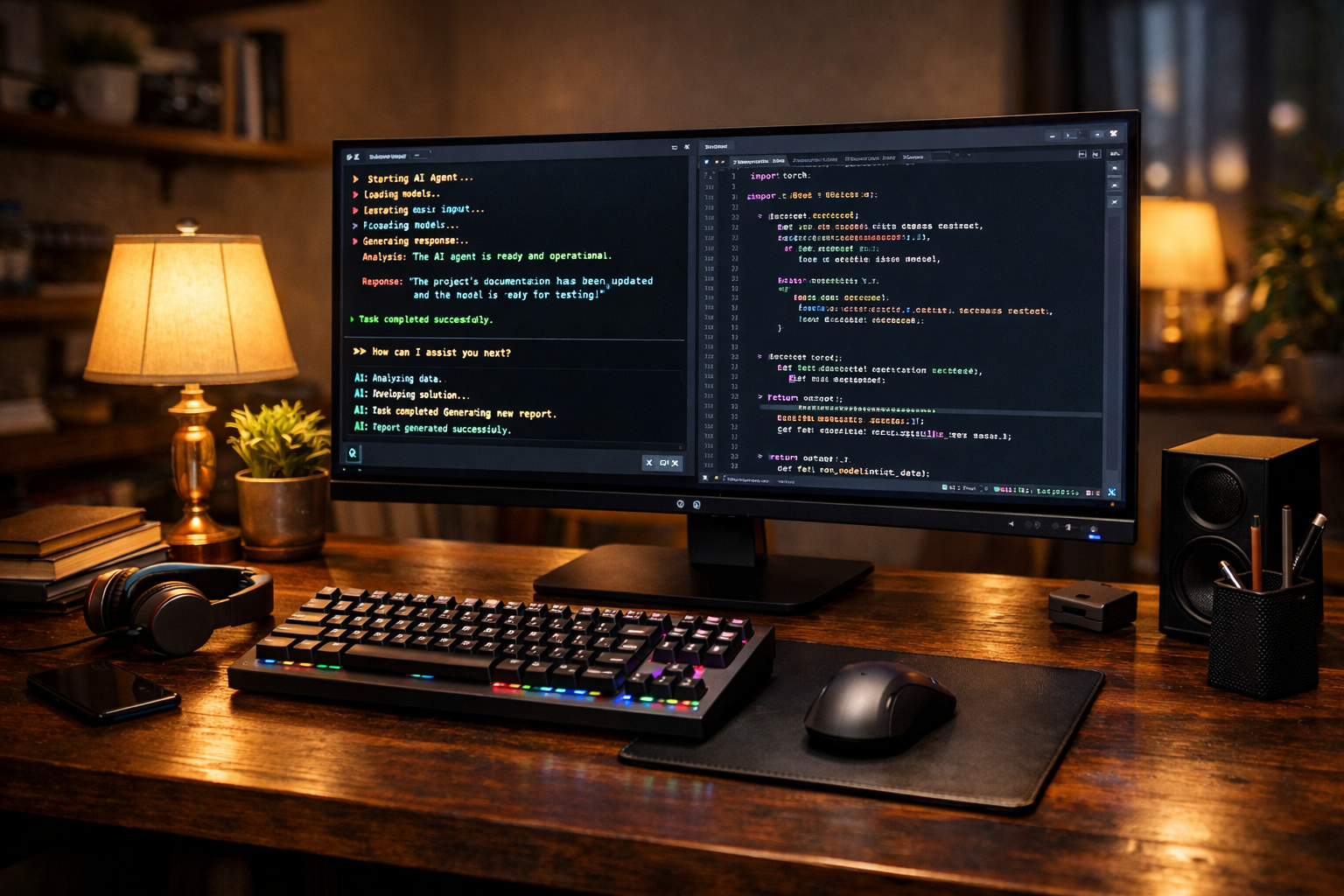 Puesto de trabajo minimalista con portatil, monitor 4K OLED, teclado mecanico, raton ergonomico y auriculares de cancelacion