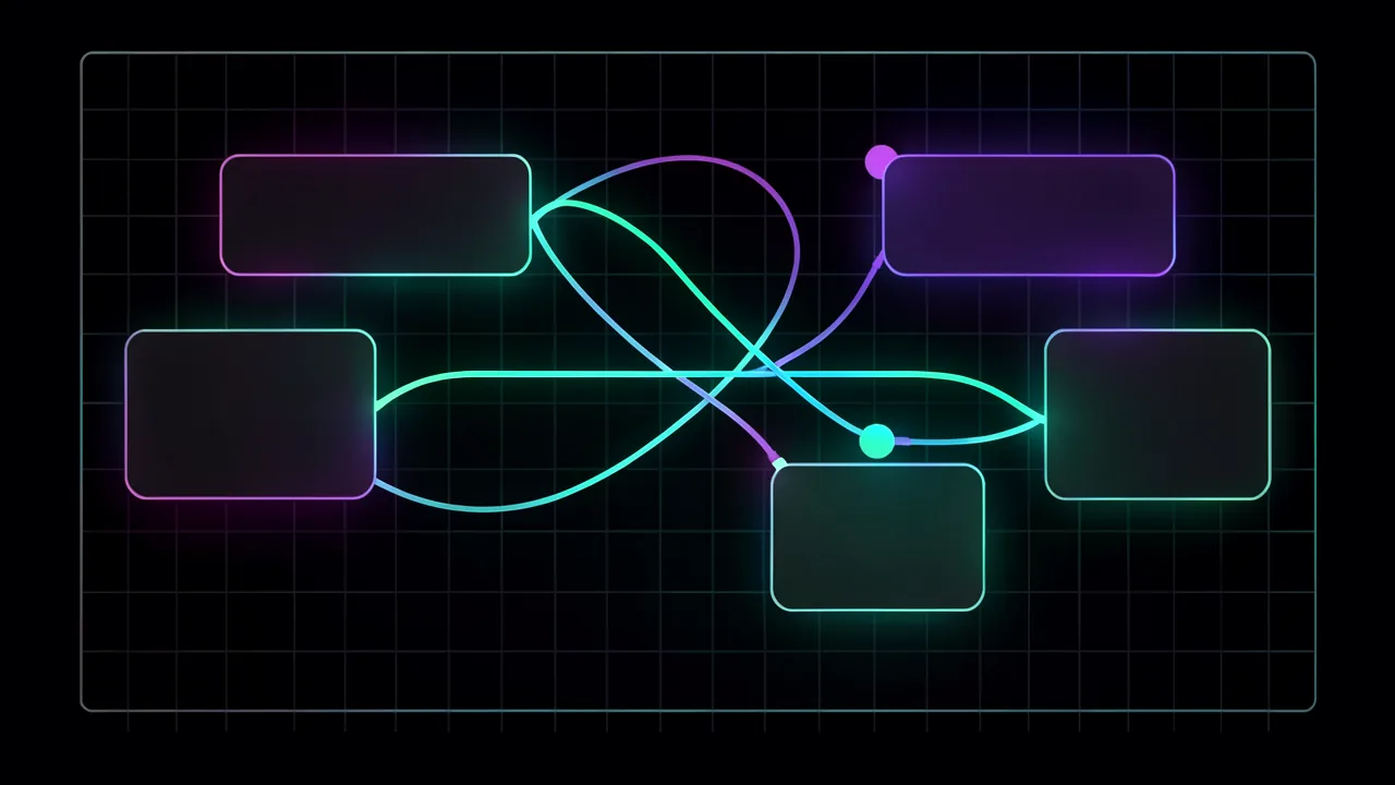 Grafo de nodos de ComfyUI con cajas conectadas por cables luminosos sobre fondo oscuro