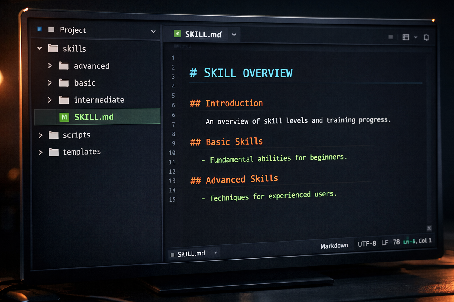 Estructura de carpetas de una Claude Code Skill mostrando SKILL.md, scripts y templates