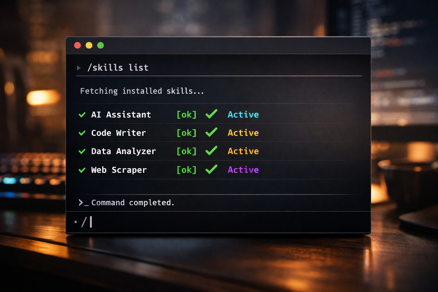 Terminal con Claude Code ejecutando el comando slash skills y listando las Skills instaladas