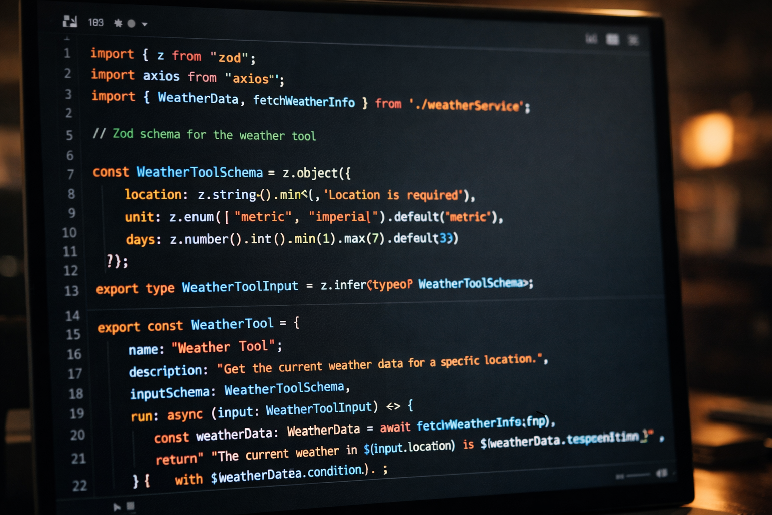 Editor de código mostrando el archivo TypeScript del servidor MCP con la tool get_weather implementada