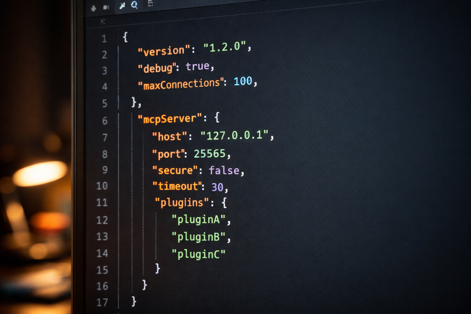 Archivo de configuración claude_desktop_config.json abierto en un editor mostrando un servidor MCP registrado