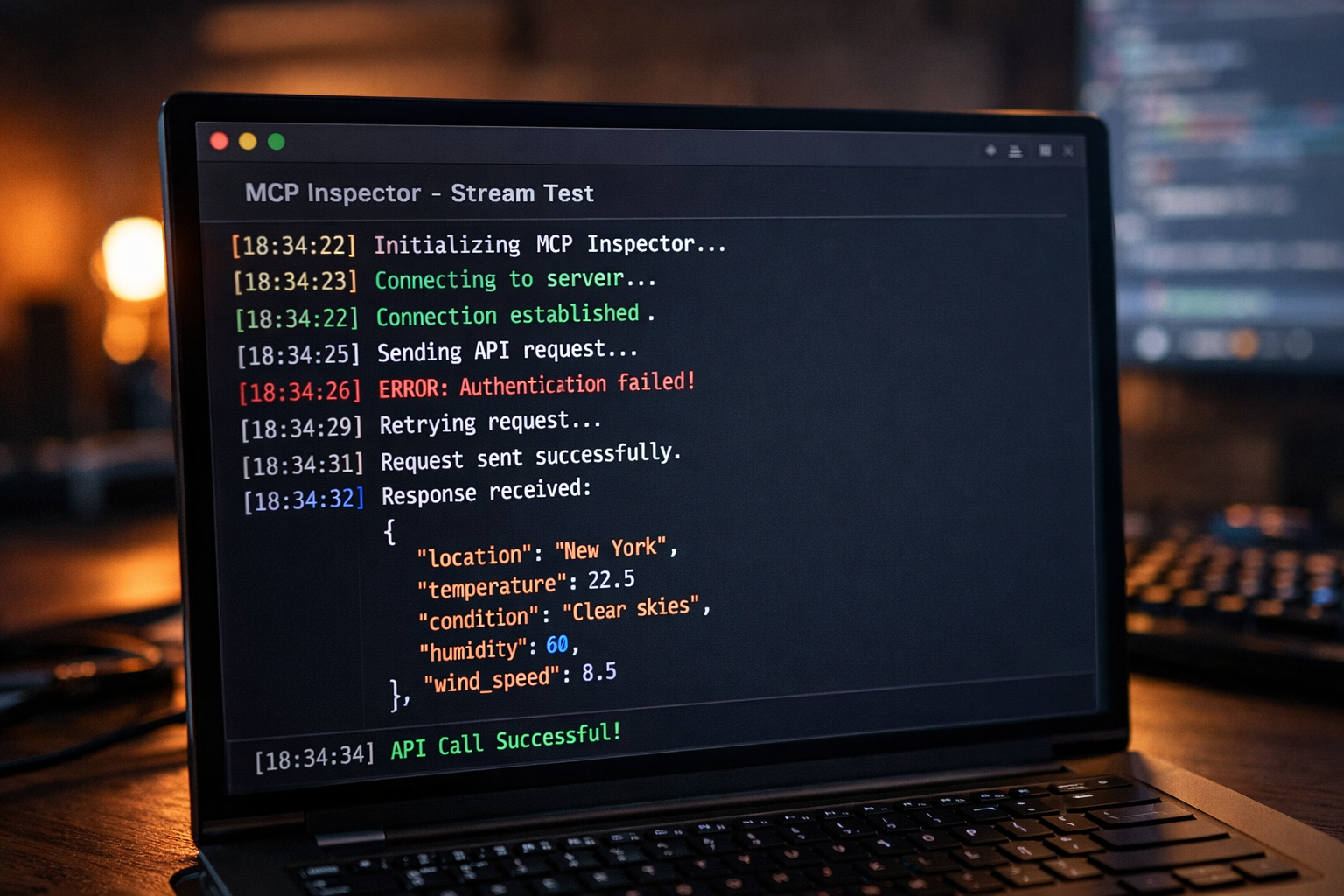 Terminal ejecutando el inspector MCP oficial y mostrando el resultado de una llamada a la tool get_weather