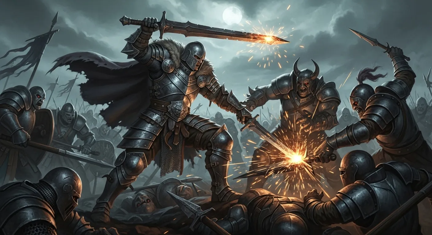 Kliff luchando contra múltiples enemigos con una espada en un campo de batalla medieval