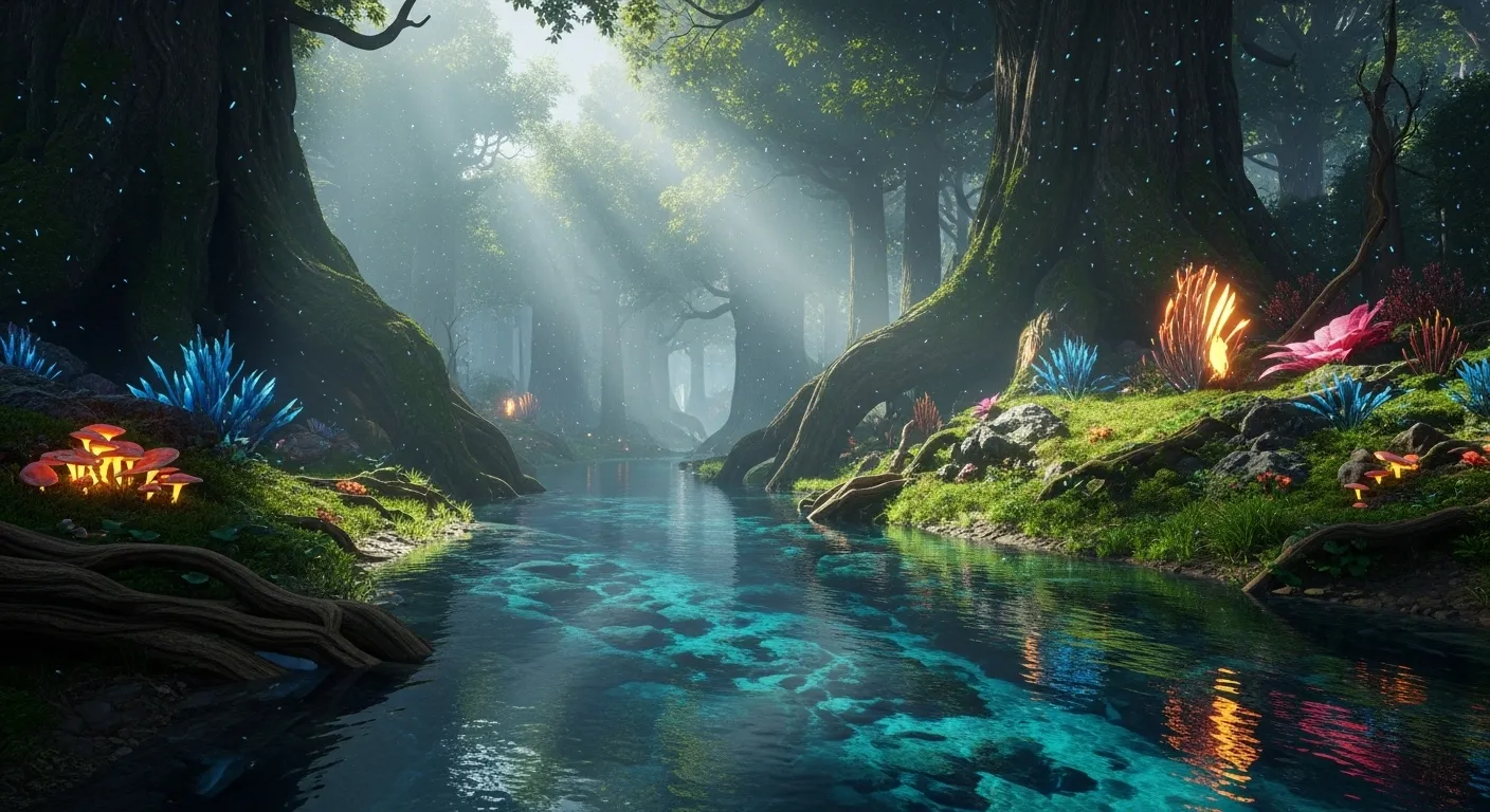 Captura de Crimson Desert mostrando ray tracing con reflejos en agua y vegetación detallada