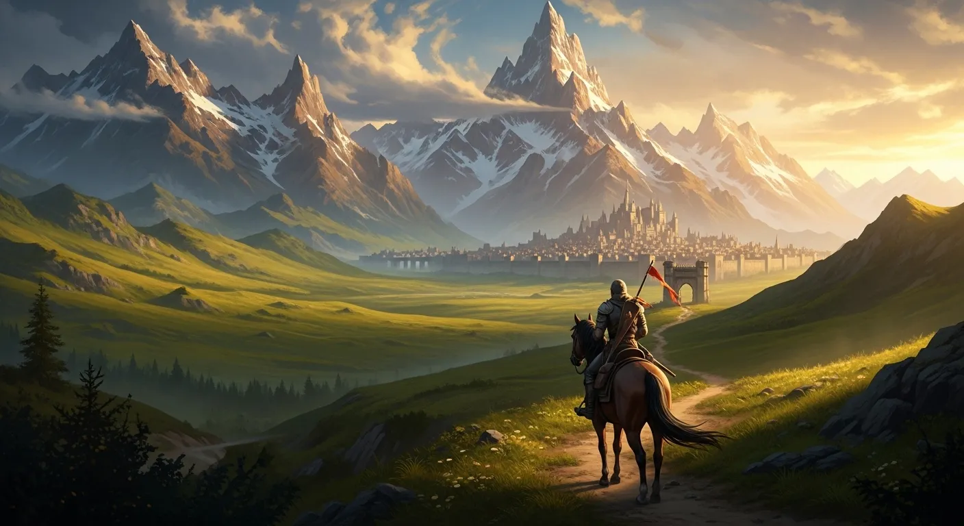 Paisaje épico del mundo de Pywel en Crimson Desert con montañas y un jinete a caballo