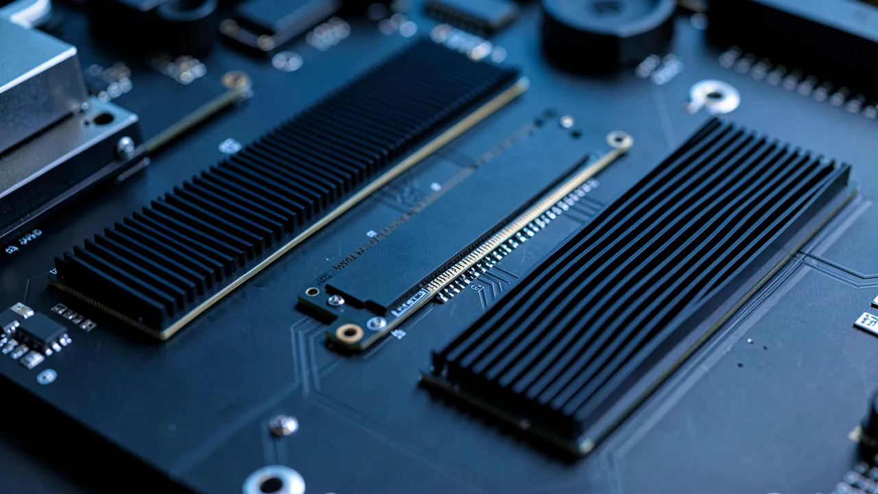Unidades SSD NVMe M.2 con disipador junto a una placa base