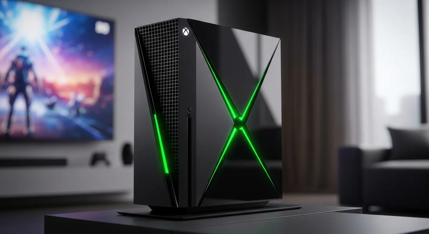 Concepto futurista de una consola de videojuegos next-gen con iluminación verde Xbox
