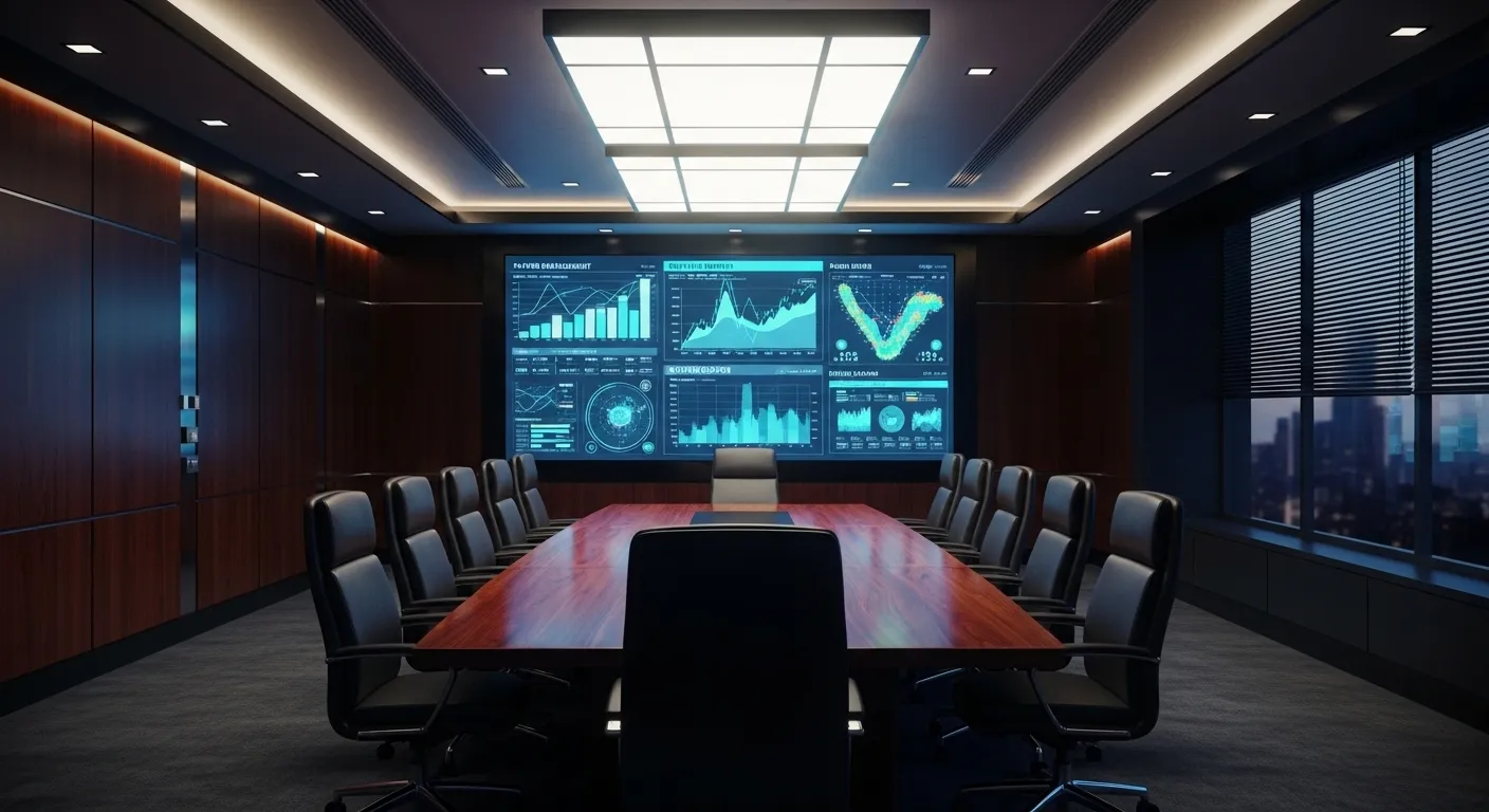 Sala de reuniones corporativa con pantallas mostrando datos y gráficos de gaming, representando el cambio de liderazgo en Xbox