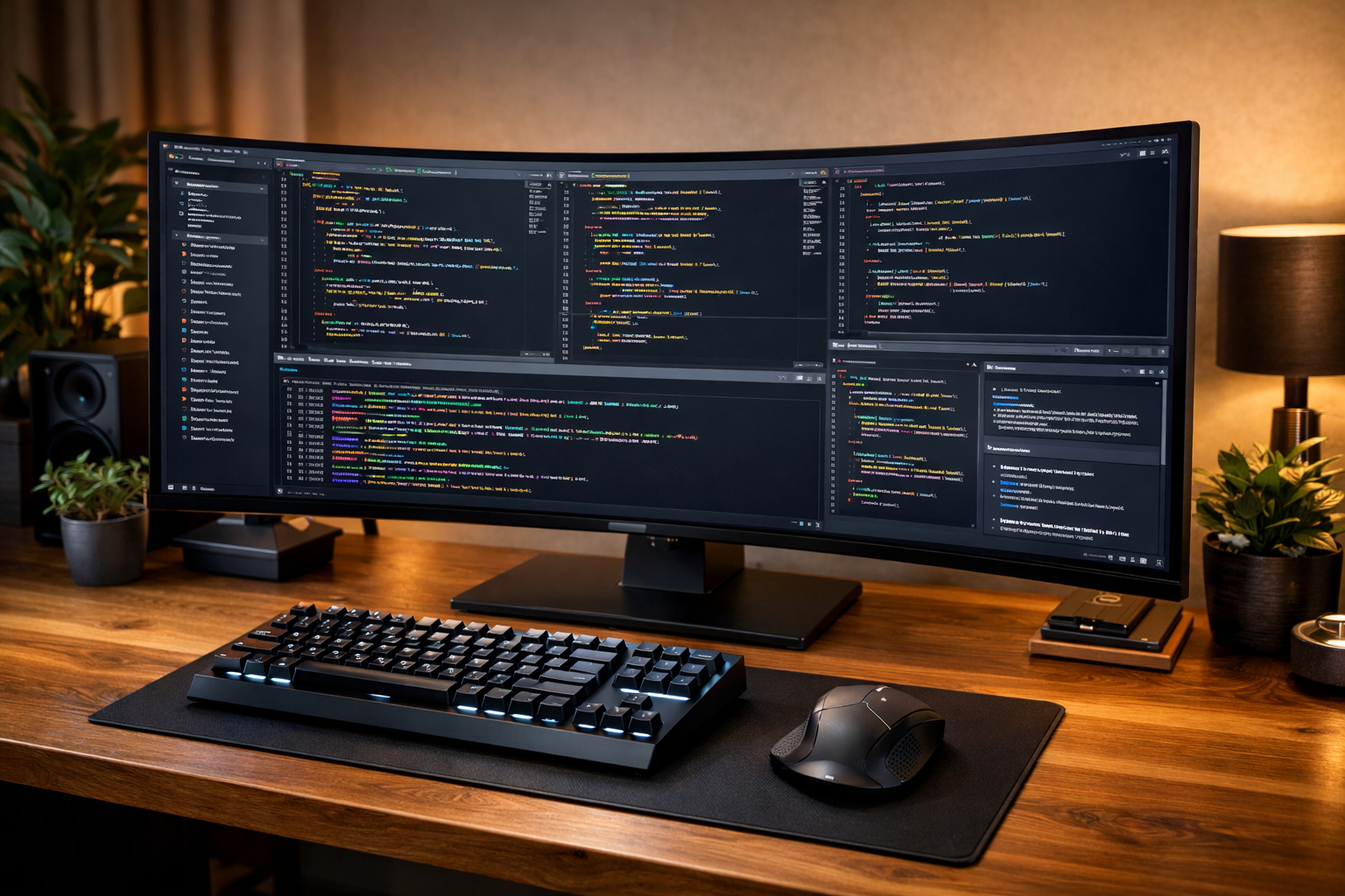 Setup de escritorio de desarrollador con monitor ultrawide teclado y ratón preparado para revisar PRs de Background Agents