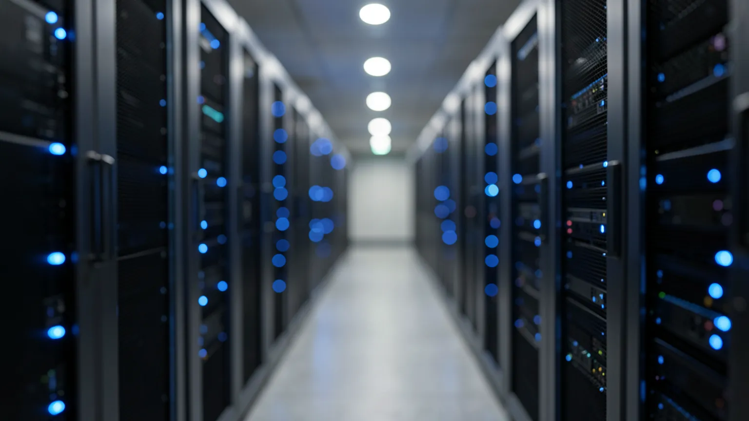 Sala de servidores moderna con luces azules y pasillos de racks desenfocados al fondo
