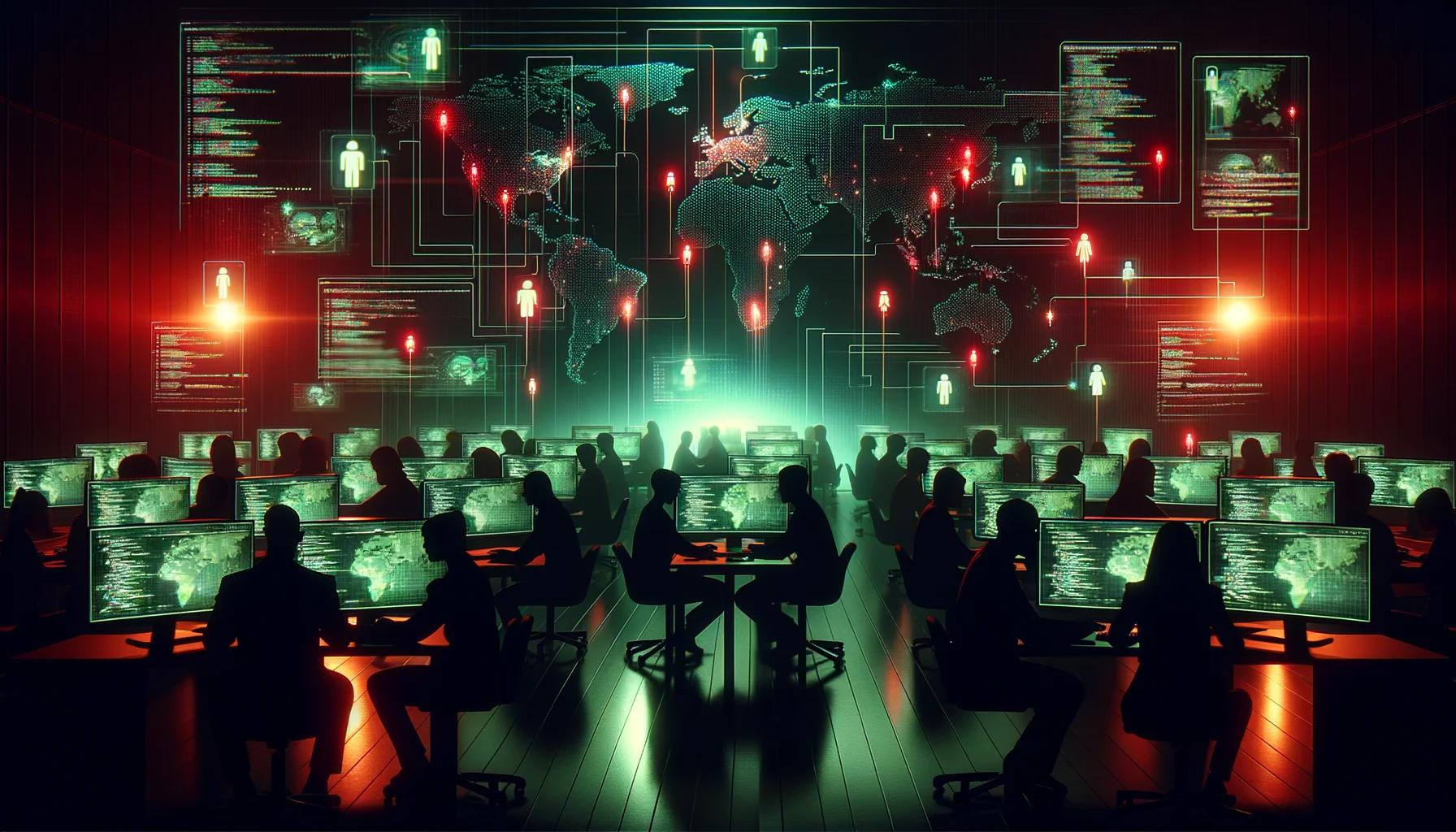 Escena de hackers estatales con pantallas de código y mapas mundiales mostrando conexiones de datos