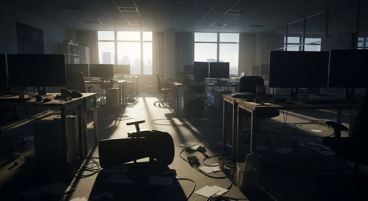 Collage dramático de logotipos de empresas de gaming sobre fondo oscuro con efecto de fractura, representando la crisis de la industria