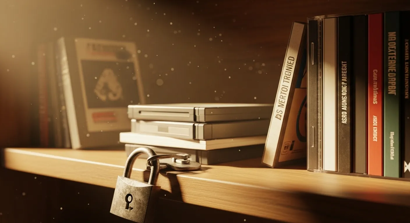 Estantería con videojuegos clásicos y un candado roto, simbolizando la preservación de juegos