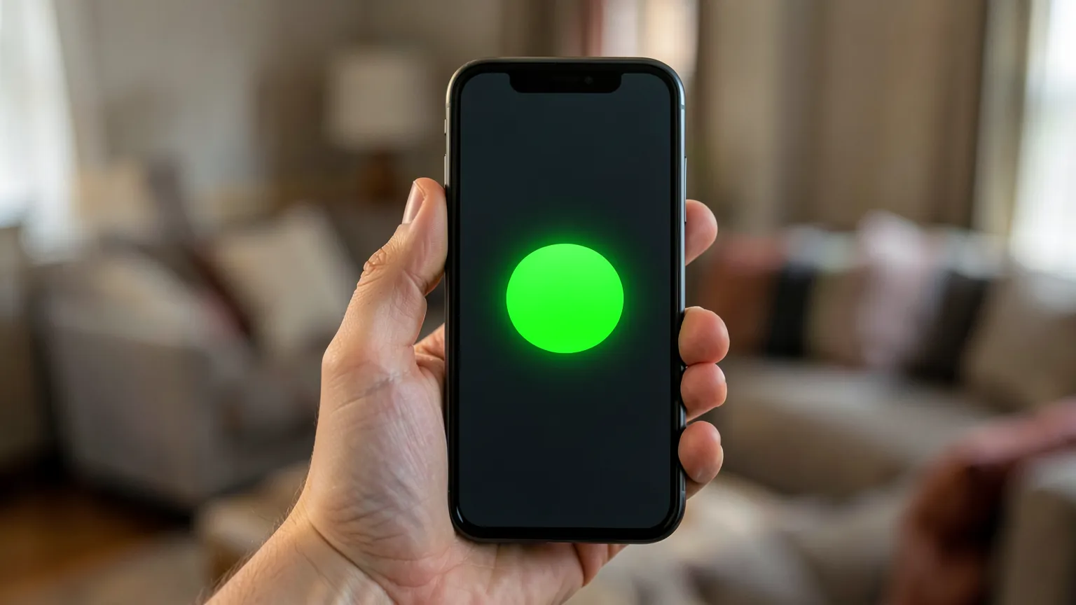 Mano sujetando un teléfono que muestra una notificación sobre un fondo desenfocado de salón